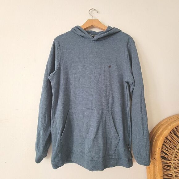 Volcom Wallace Waffle Weave/Thermal Hooded Shirt Blue S - Picture 1 of 9